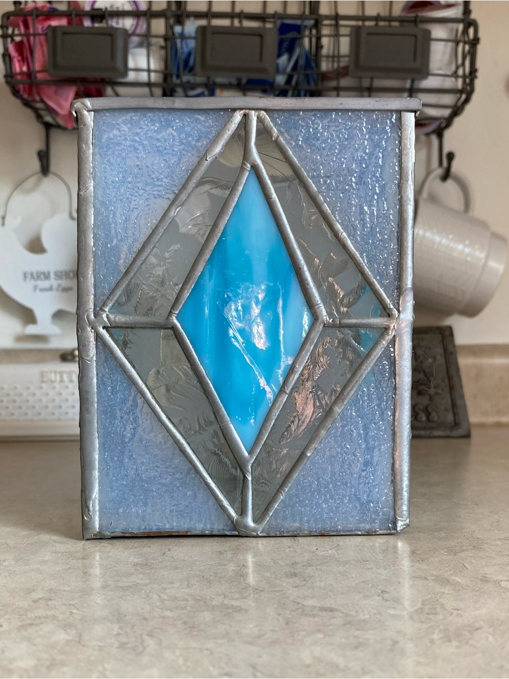 Vintage 80s Tiffany Style Stained Glass Votive Tea Candle Holder Pen Box Floral